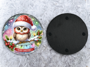 Christmas Owl Round Rock Slate Coaster