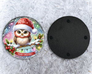 Christmas Owl Round Rock Slate Coaster
