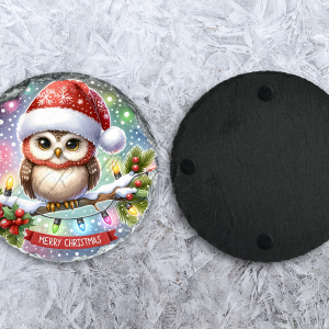 Christmas Owl Round Rock Slate Coaster