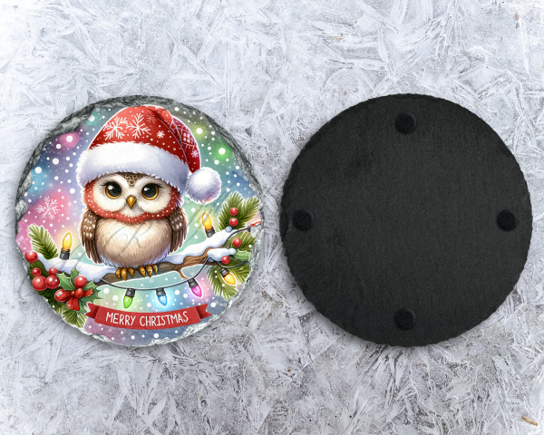 Christmas Owl Round Rock Slate Coaster