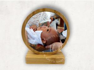 Christening Personalised Bamboo Circle Photo Frame Base With Magnetism