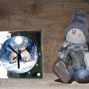 Winter Hare Square Glass Clock