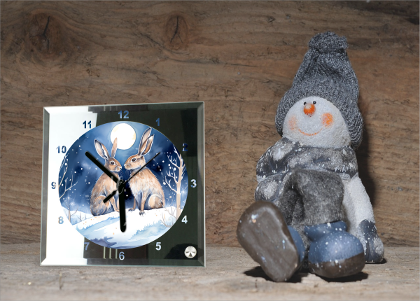 Winter Hare Square Glass Clock