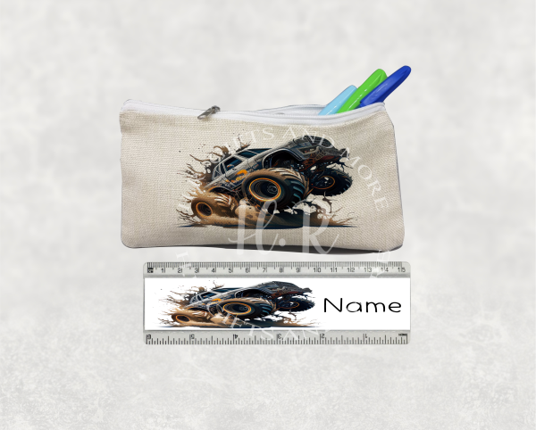 Personalised Monster Truck Pencil Case and Ruler Set