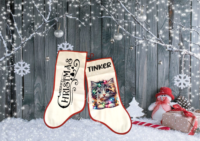 Personalised Merry Christmas Light Cat Christmas Stocking
